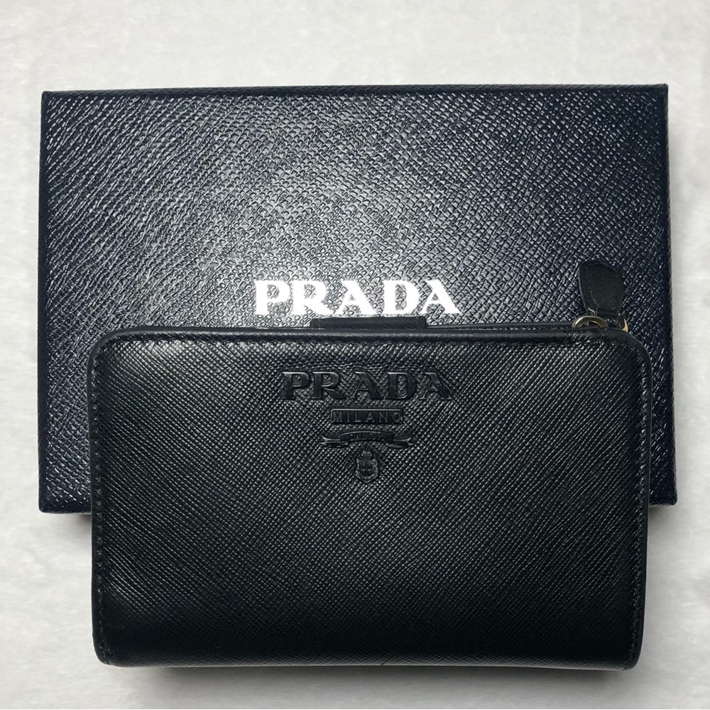 Prada Authentic Black on Black Saffiano Leather Bi-Fold Wallet w/Box